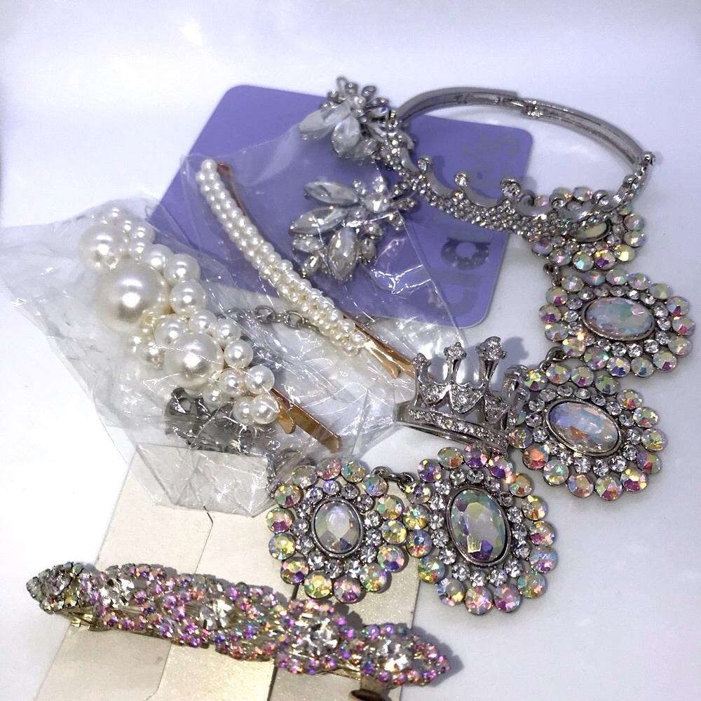 Rhinestone & silver pageant jewelry set necklace ring bangle hair clips 8 pieces